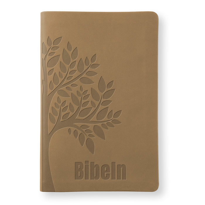 Bibel 2026, slim, konstskinn, ljusbrun, silversnitt