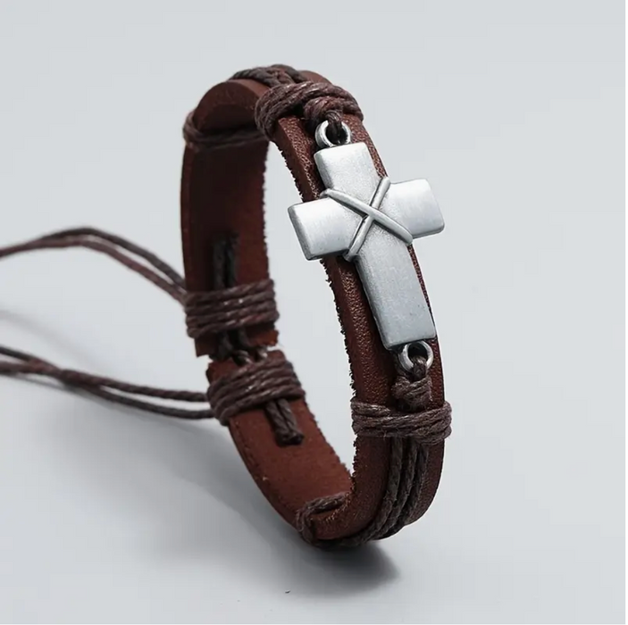 Armband retro, läder & metallkors
